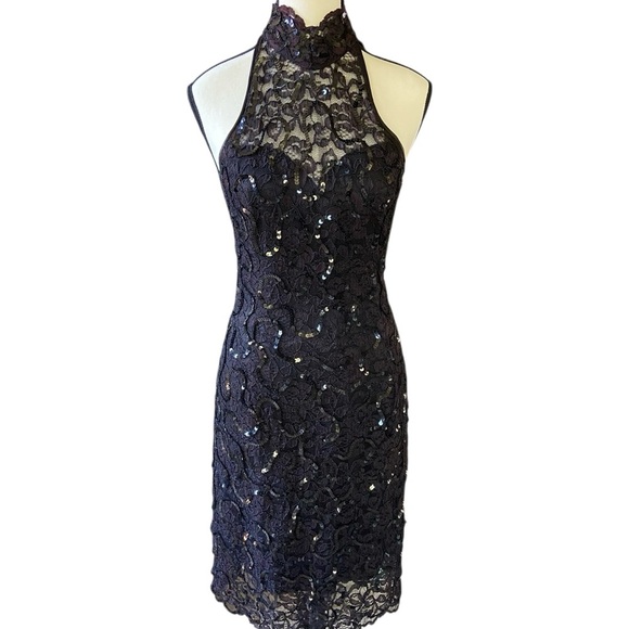 Lillie Rubin Vintage Black Lace Halter Dress Size 6 Black Sequins Cocktail Dance - Picture 2 of 16